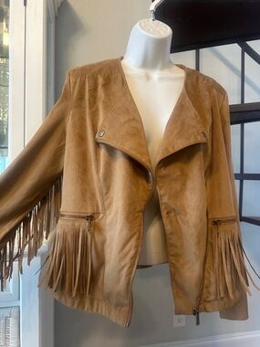Women's Fringe Suede Moto Jacket - Tan